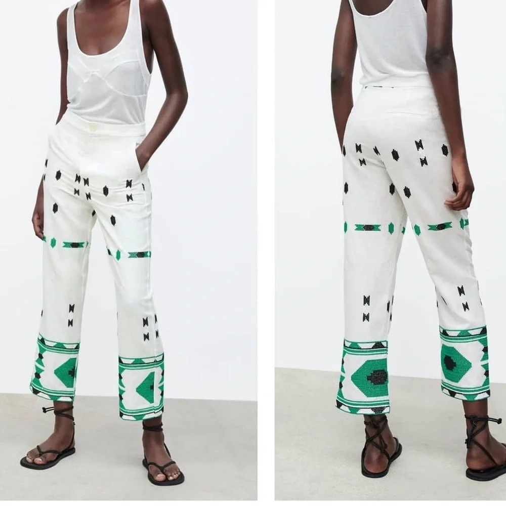 Zara Embroidered High Rise Waist Linen Crop Straight Beige Green Pant Womens M